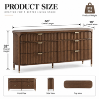 Commode double à 6 tiroirs pour chambre à coucher, meuble de rangement en bois nervuré de 68 pouces de large avec poignées en laiton et cadre aux coins arrondis