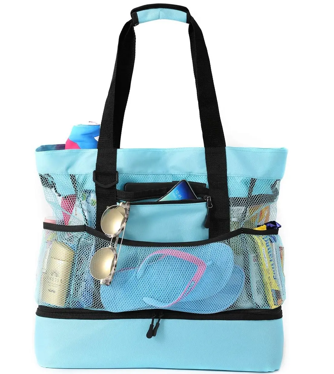 देवियों बड़े क्षमता मेष ढोना बैग के साथ 1 में 2 जाल समुद्र तट बैग अछूता कूलर डिब्बे