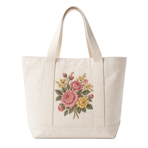 Vintage Retro <b>Flower</b> Embroidery Canvas Tote <b>Bag</b> Handmade Embroidered Tote with <b>Gift</b> Ready Packaging Custom Design Wholesale - Product Image 1