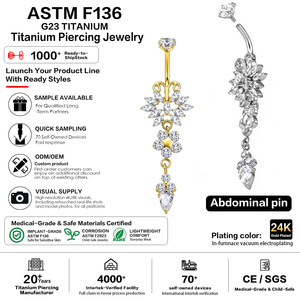 <span class=keywords><strong>Piercing</strong></span> all'<span class=keywords><strong>Ombelico</strong></span> in Titanio G23 ASTM F136 Placcato Oro 24K con Zirconi Cubici, 16G, Filettatura Interna, Gioiello per <span class=keywords><strong>Piercing</strong></span> Navel Ipoallergenico - Product Image 1