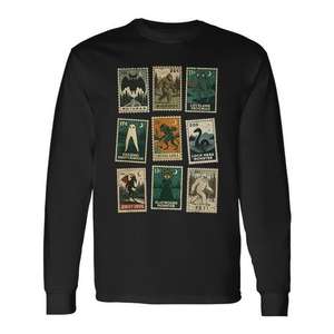 Cryptid Monster Stamps Camiseta de manga larga unisex para adultos talla mediana diseño negro - Product Image 1