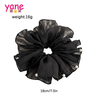 Scrunchie rambut besar Korea berbahan mutiara, gaya liburan, organza, dengan aksen ruffle, aksesoris rambut.