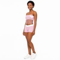 Ensemble de tricots pour femmes avec logo personnalisé, maille à bords ondulés, sans manches, sans bretelles, rayé rose, été, acrylique, usine OEM & ODM