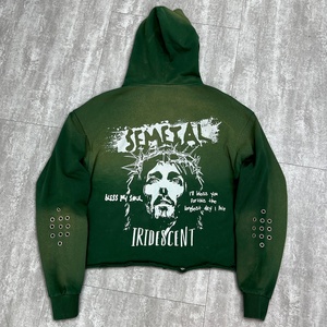 Sudadera con Capucha de Diseño, Estilo Desgastado, con Estampado, Sudadera Extra Grande con Cremallera, Felpa Francesa, con Pedrería, Lavado Ácido - Product Image 2