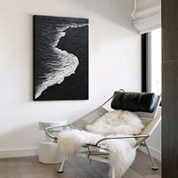 JUHOME Toile murale art déco vague océanique et cotes de mer noir et blanc 24x36 Verticale Peinte à la main Œuvre d'art moderne pour Salon Chambre Bureau