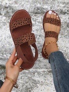 Women Leopard Print Flat <b>Sandals</b> Two Wide Straps <b>Elastic</b> Ankle Strap Open Toe Summer Casual Daily Beach Footwear - Product Image 6