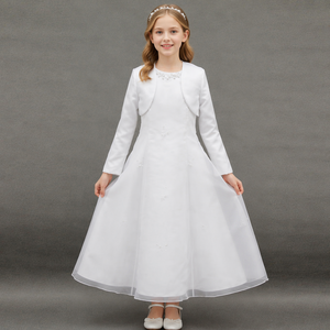 D30569 Vestido <span class=keywords><strong>de</strong></span> <span class=keywords><strong>Primera</strong></span> <span class=keywords><strong>Comunión</strong></span> con Cuello Blanco y Cuentas con Chaqueta <span class=keywords><strong>de</strong></span> Satén - Product Image 1