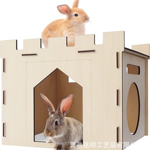 Wooden Rabbit Hideout Natural Wood Color Rectangle Pet <b>Bed</b> For Small Rabbits DIY Assembly <b>House</b> - Product Image 1
