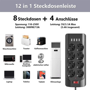 Venta al por mayor de fábrica 4 USB EU Protector contra sobretensiones Regleta de alimentación <span class=keywords><strong>8</strong></span> vías 125V Enchufe de pared Enchufe múltiple 10A Enchufe eléctrico nominal - Product Image 5