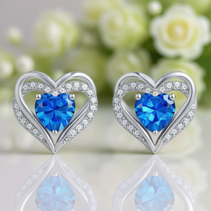 Orecchini a perno a forma di cuore E2887 in argento 925 con gemma blu incastonata a griffe, gioielli da donna, idea regalo - Product Image 2