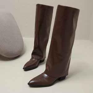 Bottes au-dessus du genou à bout pointu marron talons épais cuissardes hiver bottes pour femmes confort anti-glissant Style européen américain - Product Image 3