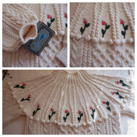Robe midi en tricot torsadé épais pour femme, 100 % laine, broderie florale 3D, manches lanternes à pompons, robe en tricot, pas du coton, vente en gros OEM