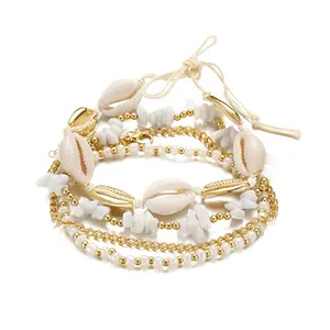 4pcs/Set Seed Beaded Woven Chain Anklet for Women Summer Multilayer White Stone Sea Shell Anklets Boho Jewelry