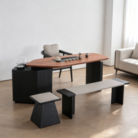 Ensemble de table à thé en bois massif moderne avec cadre noir, table à thé de loisirs avec tabourets et banc pour la maison, la villa, l'hôtel, le bureau, la salle de thé