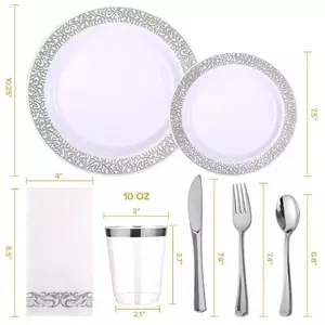 175 Piece Silver Dinnerware Set 25 Guest-50 Silver Lace Plastic Plates-25 Silver Plastic Silverware