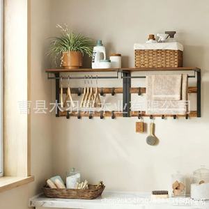 <b>Wood</b> And Iron Combination Wall Mounted <b>Coat</b> Rack With <b>Hooks</b> For Home Entryway Storage And Clothing Organizer - Product Image 1