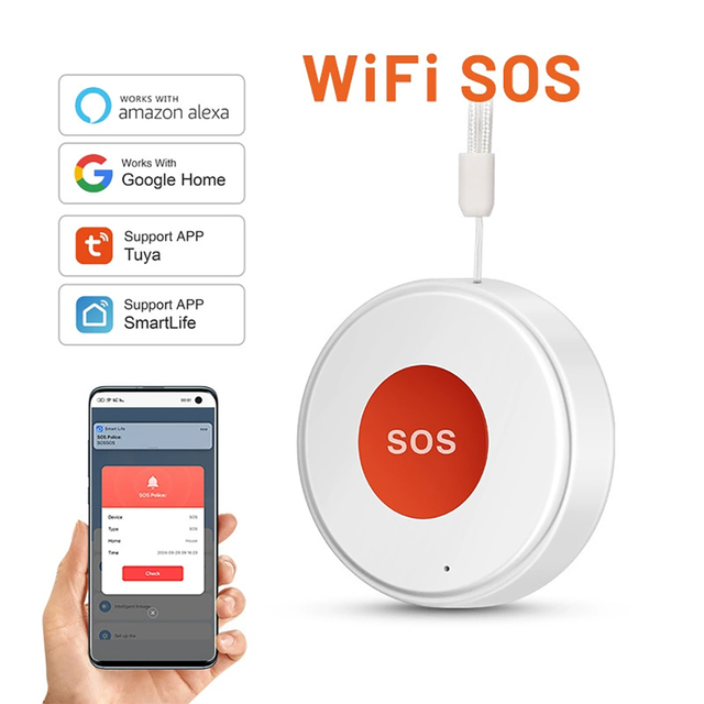 Tuya WiFi SOS Emergency Button Smart Scene Linkage Alarm Rechargeable Battery Wireless Caregiver Pager for Elderly Care