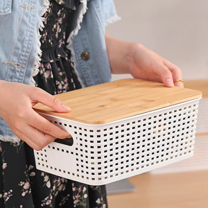 Boîte de rangement en bambou à carreaux Le panier de rangement en plastique de bureau simple peut être empilé panier de rangement - Product Image 4