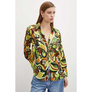 Chemise en satin à motifs marbrés verte, chemisier décontracté boutonné pour femme, imprimé floral, à porter au quotidien - Product Image 1