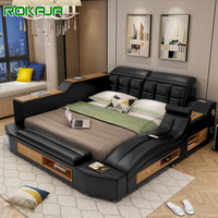 Lits intelligents en cuir populaires avec tiroirs, lit double en bois multifonctionnel de luxe avec rangement et coffres-forts sonores, vente en gros