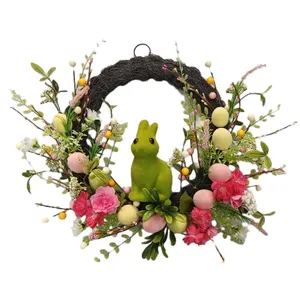 Senmasine couronne de printemps artificielle décoration fleur mélangée feuilles vertes oeuf en plastique lapin porte de pâques weaths