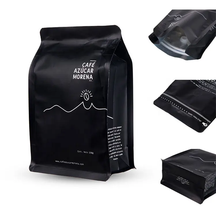 Großhandel Bolsa De Cafe 250G 12Oz individuell bedrucktes Logo Kunststoff schwarz flache Boden Kaffee beutel Verpackung mit Ventil und Reiß verschluss