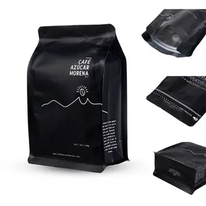 Commercio all'ingrosso Bolsa De Cafe 250G 12Oz Logo stampato personalizzato sacchetti di caffè a fondo piatto in plastica nera imballaggio con valvola e cerniera