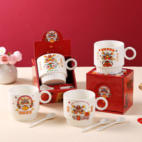 Tasse à café en céramique Danse du Lion Chinois avec anse circulaire, empilable, en porcelaine, avec cuillère, cadeau du Nouvel An pour la maison et le bureau