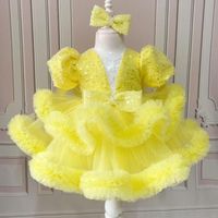 Robe de bal scintillante en tulle jaune princesse pour enfants, vêtements en gros pour filles, robes de demoiselles d'honneur