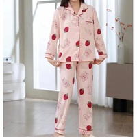 Pyjama Femme Automne Printemps Manches Longues Doux Ensemble de Nuit Motif Cerise Floral Dessin Animé Femme Nuage Coton Cardigan Vêtement de Nuit pour la Maison