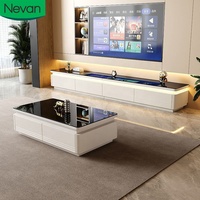 Ensemble de table basse de salon Nevan, style moderne et luxueux, grand rangement, verre, bois, lumière LED blanche, sur pieds, 1 pièce