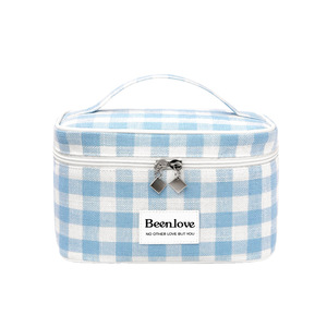 Speed And Constancy Cosmetic <b>Bag</b> <b>Large</b> Capacity Travel <b>Makeup</b> Storage Case For Women With Zipper Handle Blue Red Checkered - Product Image 4