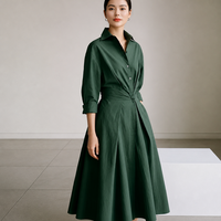 Robe midi pour femme, col chemise, unie, taille nouée, amincissante, manches 3/4, décontractée, élégante, en lin/coton, avec poches