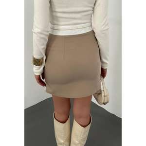Wholesale Beige <b>Mini</b> Pencil <b>Skirt</b> with Ball Bearings Pleat <b>Leather</b> Satin and Denim for Fashionable Women - Product Image 1
