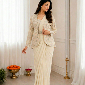 Sari indio-pakistaní de seda crepé pesada bordado con falda plisada para mujer, ropa étnica para bodas y fiestas - Product Image 1