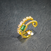 Nouvelle bague de luxe 2026 pour femme, double rangée d'émeraudes, géométrique, en argent sterling 925 plaqué or, ajustable