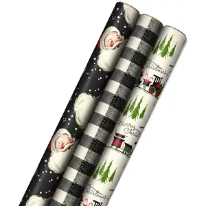 สีดำและสีขาวบัฟฟาโลตาหมากรุกรถไฟและต้นไม้สีดำคริสต์มาสห่อกระดาษที่มีเส้นตัดกลับย้อนยุคซานตา