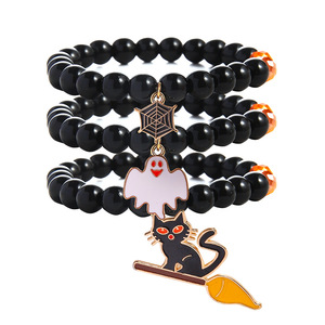 Halloween Cartoon <b>Beaded</b> <b>Bracelet</b> Set Black Elastic Rope Three Strand Party Jewelry Pumpkin Ghost Skull Charm <b>Bracelets</b> - Product Image 5