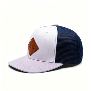 Two Tone White Lavender Navy <b>Mesh</b> Back Trucker Cap Custom Diamond PU Leather Patch 6 Panel Adjustable Trucker Hat - Product Image 3
