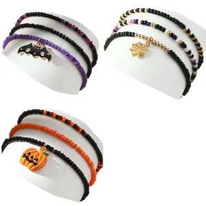 Halloween Mixed Color Plastic Seed Bead Bracelet Pumpkin Bats Pendant Beaded Bracelet Set