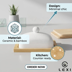 Beurrier en céramique blanche de style nordique avec base en bambou, présentoir de table pour le petit-déjeuner, logo personnalisé disponible, commande en gros - Product Image 2