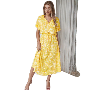 Vestido Camisero Amarillo con Estampado de Lunares para Mujer, Verano, Casual, Largo Midi, Manga Corta, Cuello Camisero, Corte Holgado, Tejido de Tela - Product Image 1
