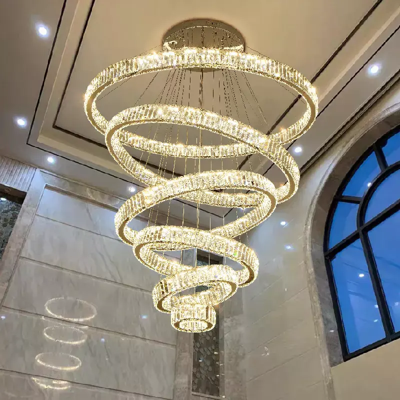 China Round High Ceiling Staircase Gold Large Led Luxury Modern K9 Crystal Chandeliers