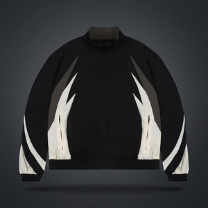 <b>Men's</b> Black Windproof Quick Dry Polyester/Cotton Sporty <b>Racer</b> <b>Jacket</b> White Color Blocking Zipper Closure Stand Collar Long - Product Image 2