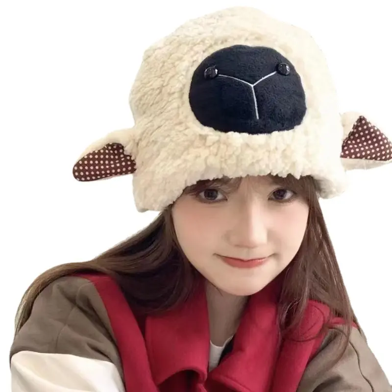 Stile giapponese dolce carino piccola testa di pecora cappello viso ragazza inverno peluche addensato caldo lana di agnello proteggere le orecchie Cap