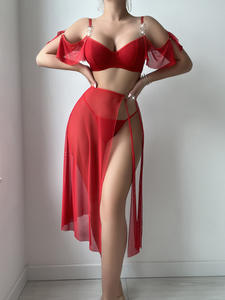 เดรสเซ็กซี่ของผู้หญิงสีแดงพร้อมสายเอี๊ยมเดรสชั้นในเซ็กซี่ผ่าสูงผ้าตาข่าย3ชิ้นสำหรับผู้หญิง - Product Image 4