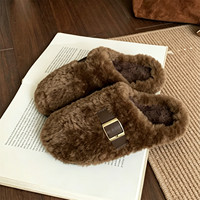 XIXITIAO 2026 Nouvelles pantoufles vintage à boucle carrée pour femme, en peluche moelleuse, à semelle épaisse, pour l'intérieur, confortables, chaudes, hiver, style minimaliste, fourrées