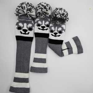 Juego de fundas de punto para palos de golf, cubiertas para palos de golf con diseño de animal Husky gris, logotipo personalizado, patrón a cuadros con pompón, en stock - Product Image 2