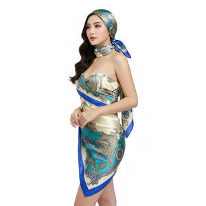 Écharpe en satin de soie turquoise à motif cachemire personnalisée, top sans bretelles pour femme, <span class=keywords><strong>bandeau</strong></span> et paréo imprimés avec logo de marque personnalisé - Product Image 1