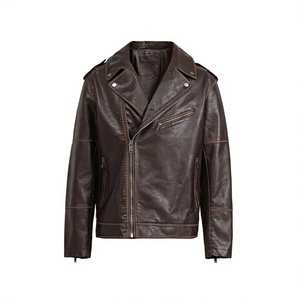 Blouson moto en cuir marron pour homme, coupe ajustée, col rabattable, fermeture éclair, longueur standard, couleur unie, automne - Product Image 1